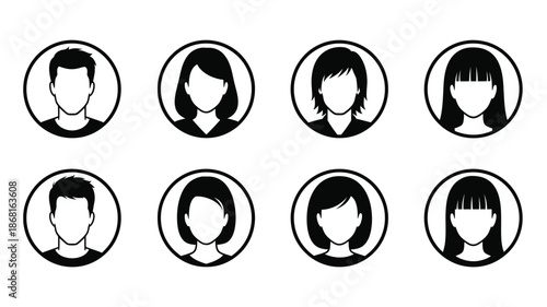Collection of circular profile icons featuring various hairstyles a simple silhouette