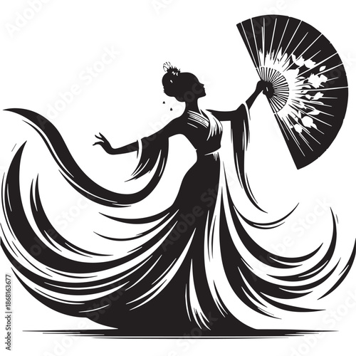 Black Traditional Fan Dancer Silhouette Vector, High Quality Illustration on White Background