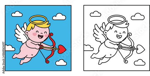 Cute Cupid Flying with Bow and Arrow - Valentine's Day Coloring Page