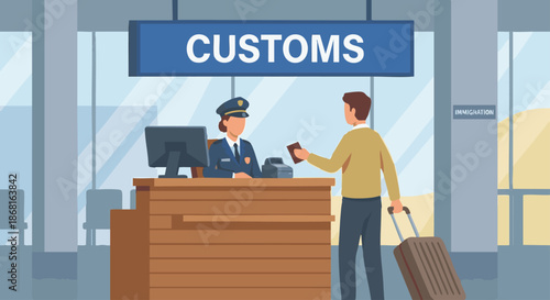 Customs Officer at Airport Control Desk
A flat vector illustration of a customs officer standing or seated at an airport immigration desk. Signage such as “Customs” or “Immigration” appears behind. 