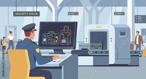 Customs Officer Using X-Ray Scanner
A flat vector illustration of a customs officer monitoring luggage through an X-ray scanning machine. Screen displays simplified bag contents.