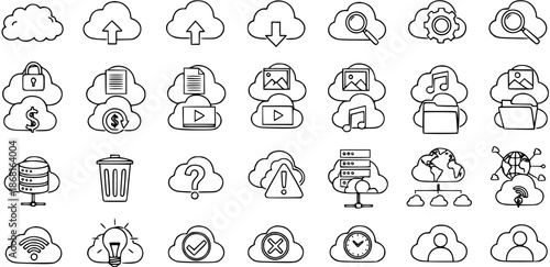 Cloud Computing Line Icons Set: Data Storage, Networking, Security, Upload, Download, and Web Services Technology Symbols Collection