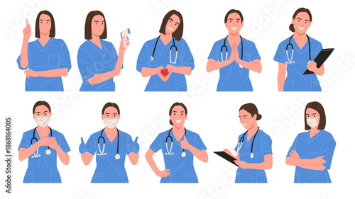 Set of medical nurse characters in different poses and gestures. Flat vector illustration of healthcare workers wearing scrubs and stethoscope, showing care, professionalism, medical service, hospital
