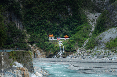 Changchun Shrine with waterfall and Liwu River in Taroko National Park, Taiwan