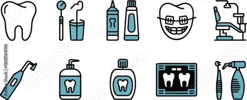 dental care icons tooth outline, dental mirror, floss container, toothpaste tube, dentist chair, braces smile,