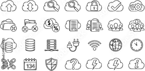 Hand-drawn Cloud Computing and Data Icons Set. Sketchy Doodles for Network, Security, Storage, and Business Concepts in Technology.