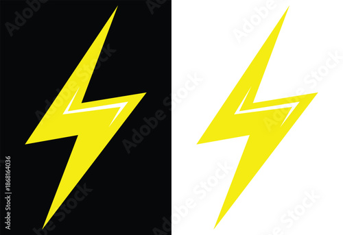 Yellow electric lightning bolt icon vector illustration on black background featuring a high voltage power symbol for energy and danger warning