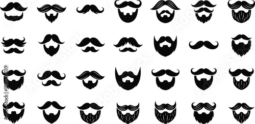 Mustache and Beard Silhouette Icons Set with Vintage Facial Hair Styles Vector.
