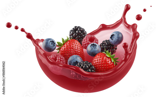 Dynamic Berry Splash with Strawberries, Blueberries, Raspberries and Blackberries in Red Juice White