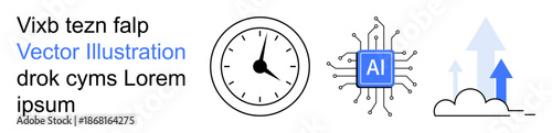 AI development, digital transformation, data management, cloud computing, innovation, technology trends. Clock, AI chip cloud with arrows. AI development and digital transformation