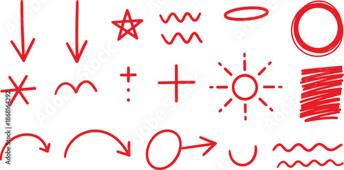Red Hand Drawn Doodle Arrows Symbols and Scribble Marks Set Minimal Vector Illustration.