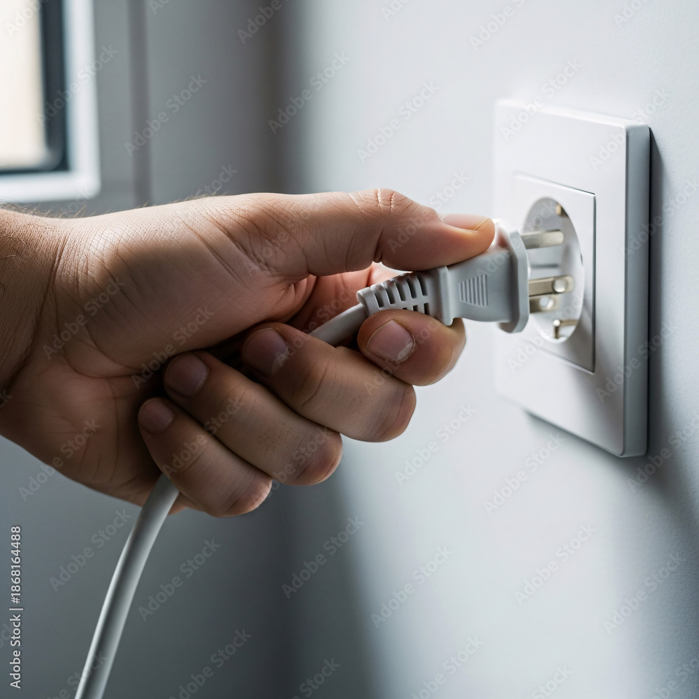Naklejka premium Close-up of a person's hand inserting a white electrical plug into a wall socket, connecting to power.