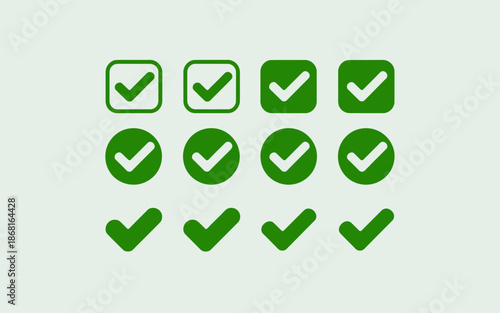 Collection of green checkmark icons in various shapes and styles.
