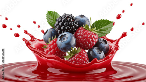 Mixed Berries Splashing into Red Juice with Droplets White
