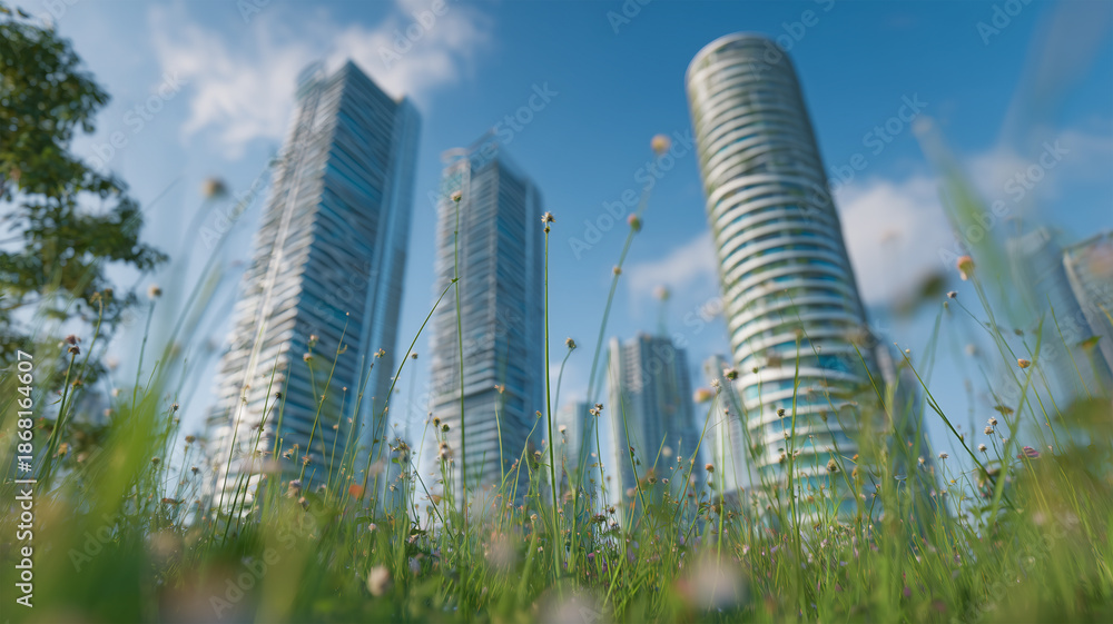 Fototapeta premium 青空と草むら越しに立つ都市高層ビル群、爽快な遠景