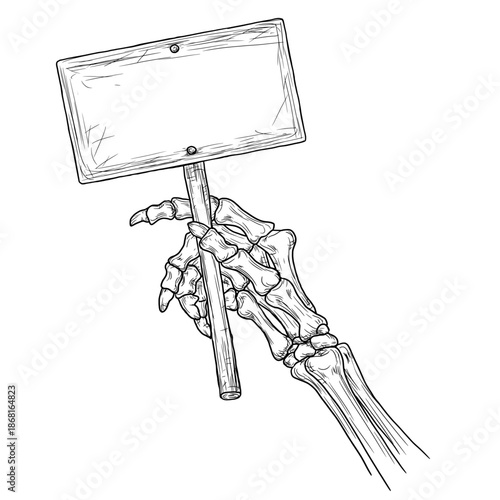 A skeleton hand holding wooden sign, sketch. Vector illustration. Skeleton hand with bony fingers, isolated on a white background. Suitable for labels, banners, Halloween signs, and various occasions.