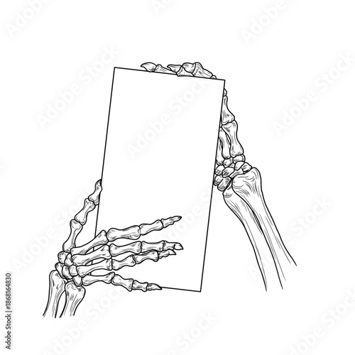 Skeleton hand holding sign, black and white sketch. Vector illustration. A wooden sign is held by skeleton's skeletal hands, isolated on white background. Suitable for labels, banners, Halloween signs