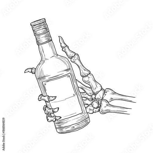 Skeleton hands, bony fingers holding a bottle, black and white sketch. Vector illustration. Dead man's skeletal hands, isolated on a white background. Suitable for Halloween prints, various occasions