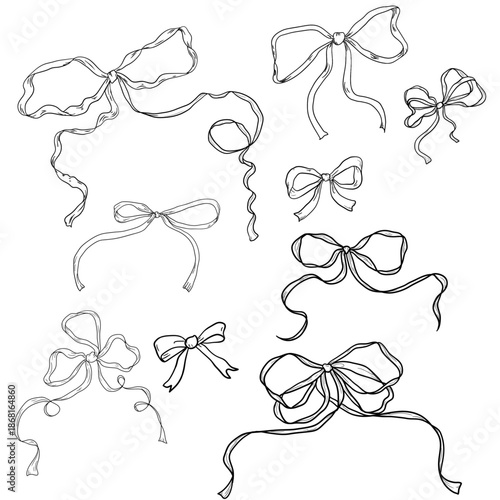 Ribbon bow, whimsical hand-drawn, sketch. Vector illustration. Elegant collection of bows with flowing ends, isolated on a white background. For wrapping romantic gifts, cards, and for print textiles.