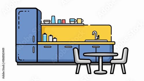 A stylized, flat illustration of a compact kitchen setup with blue cabinets, a yellow backsplash, and a small dining area