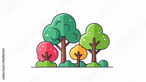 A stylized illustration of a cluster of trees in vibrant colors, with rounded canopies and simple trunks