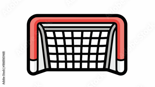 A stylized, flat illustration of a hockey net with a red frame and a black net