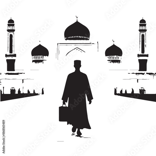 Black Walking to Mosque Silhouette Vector, High Quality Illustration on White Background