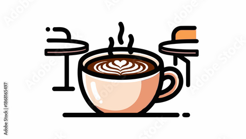 A stylized illustration of a coffee cup with latte art and steam, on a white background between two abstract table settings