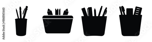 Four silhouette pencil holders filled with various writing utensils school supplies stationery