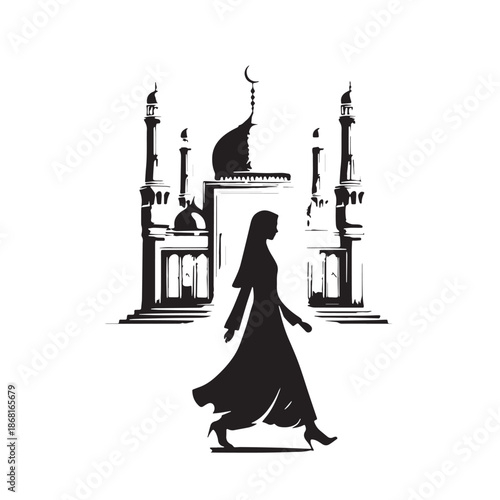 Black Walking to Mosque Silhouette Vector, High Quality Illustration on White Background