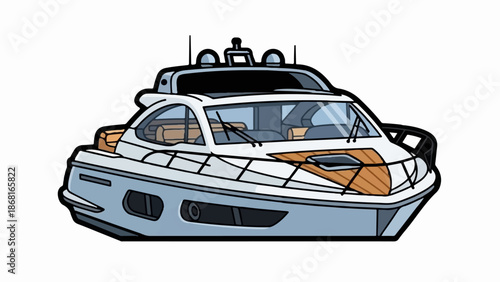 A stylized, front-facing illustration of a modern white luxury motor yacht with wood accents