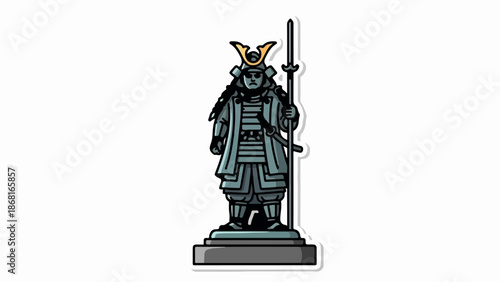 A stylized, full-body depiction of a samurai warrior in armor, holding a staff