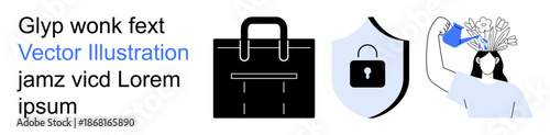 Business development, security systems, mental health, creative thinking, personal growth, professional tools. A briefcase, secure shield and a person with flourishing thoughts. Business development