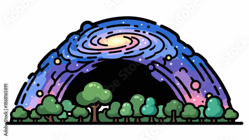 A stylized galaxy forms an arc over a serene forest