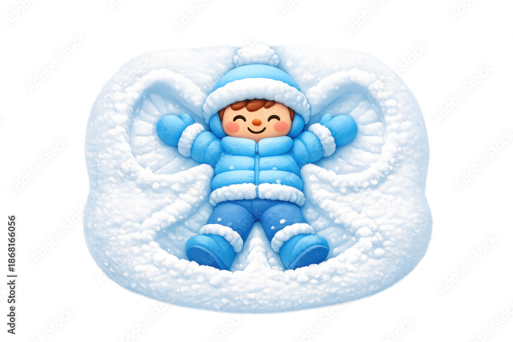 Fototapeta premium Joyful winter snow angel scene with child making snow angel in blue suit