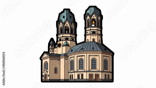 A stylized illustration of a grand church with two prominent towers and a bell