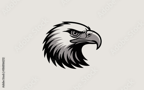 Black and white illustration of an eagle's head with sharp beak and feathers.