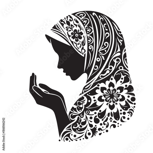 Black Woman in Hijab Praying Silhouette Vector, High Quality Illustration on White Background