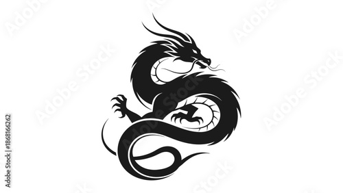 Black and white illustration of a dragon coiled in a circular shape.