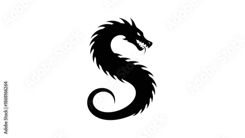 Black dragon silhouette with sharp teeth and flowing mane.