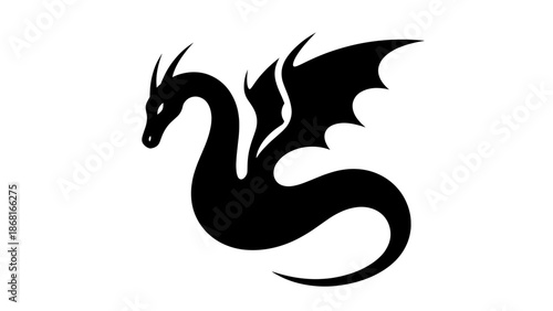Black silhouette of a dragon with wings and horns on a white background.