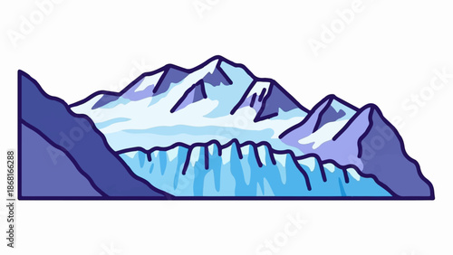 A stylized, simplistic illustration of a snow-capped mountain range and glacier