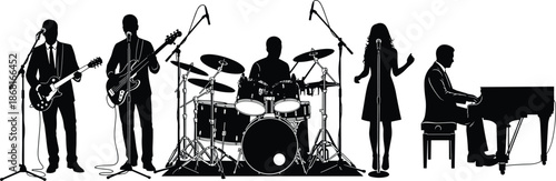Music band silhouette vector illustration, live concert performance with singer drummer guitarist bassist pianist, isolated black design on white background