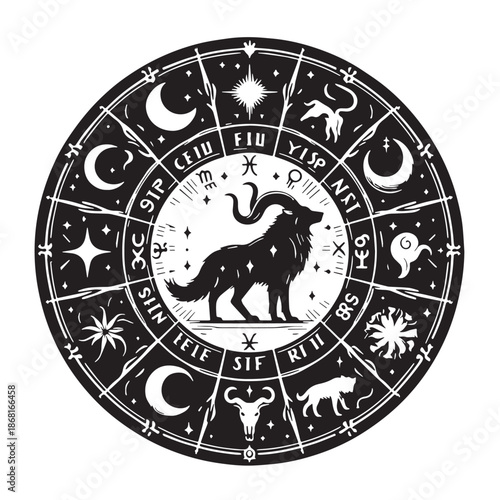 Black Zodiac Circle Silhouette Vector, High Quality Illustration on White Background