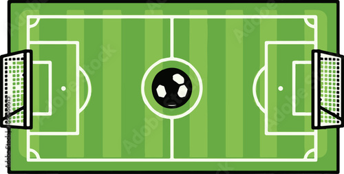 A stylized soccer field with a black and white ball at the center