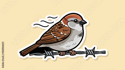 A stylized sparrow perched on barbed wire against a plain background