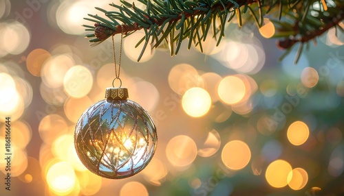 Golden ornament hangs from evergreen bough, bokeh background with warm, soft light