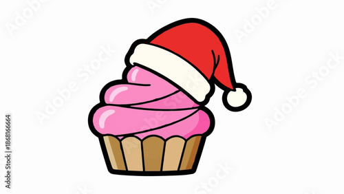 A stylized, pink frosted cupcake wears a festive red Santa hat