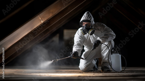 Pest control professional in protective suit spraying attic space with disinfectant or insecticide for infestation prevention  