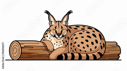 A stylized, spotted wild cat with tufted ears rests on a log